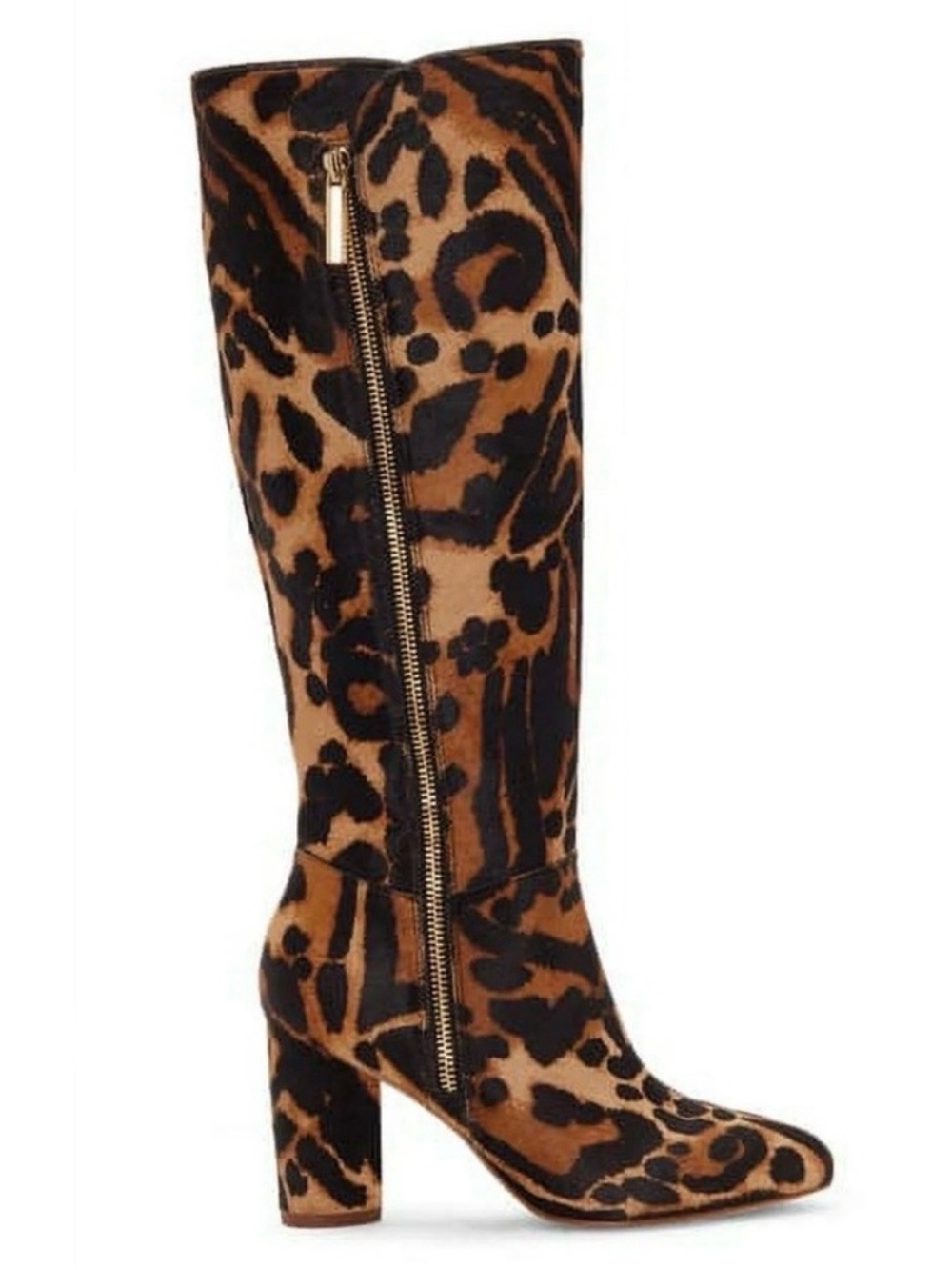 Louise Et Cie Zenia Genuine Calf Hair Knee High Leopard Print Block Heel Boots - Picture 2 of 8